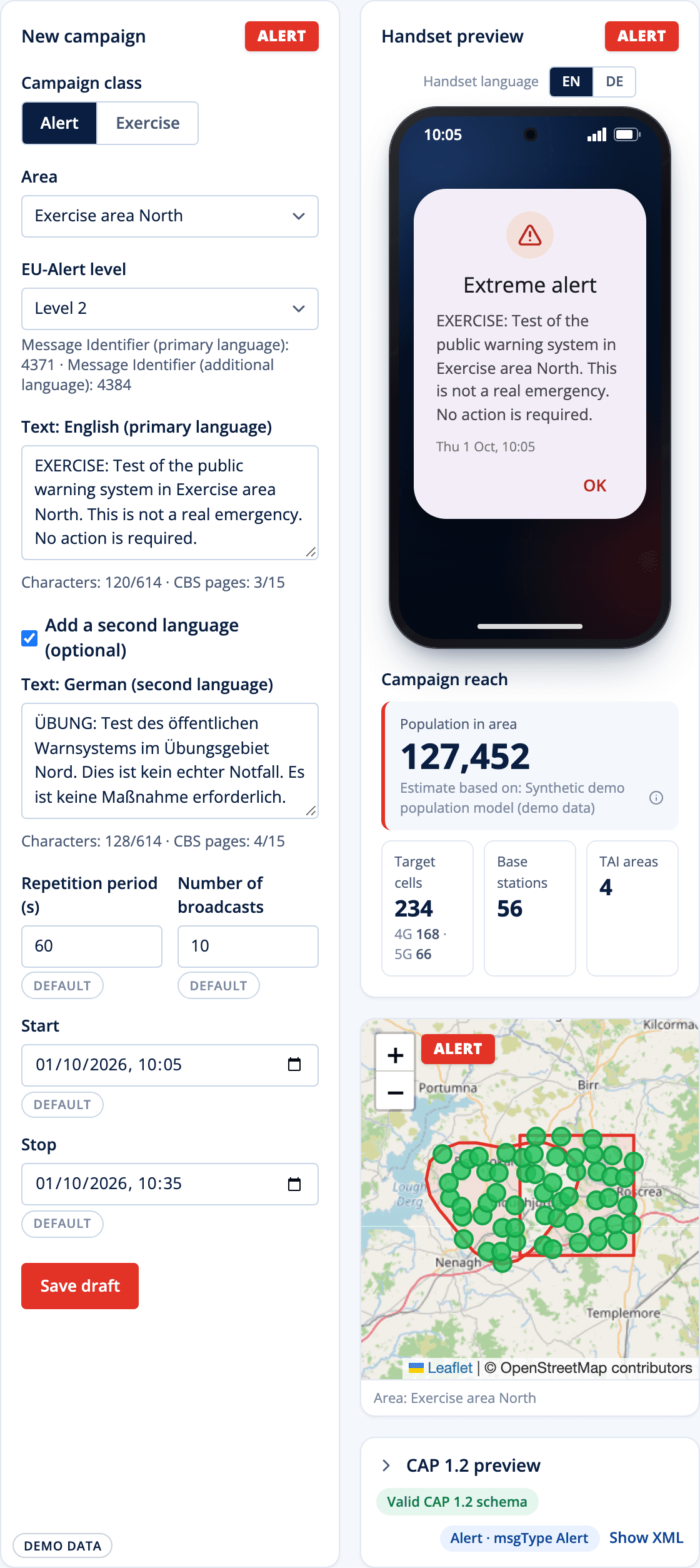 Cell Broadcast campaign form in the OVOO web console with an EU-Alert level, demo message text in two languages and a smartphone preview of the alert