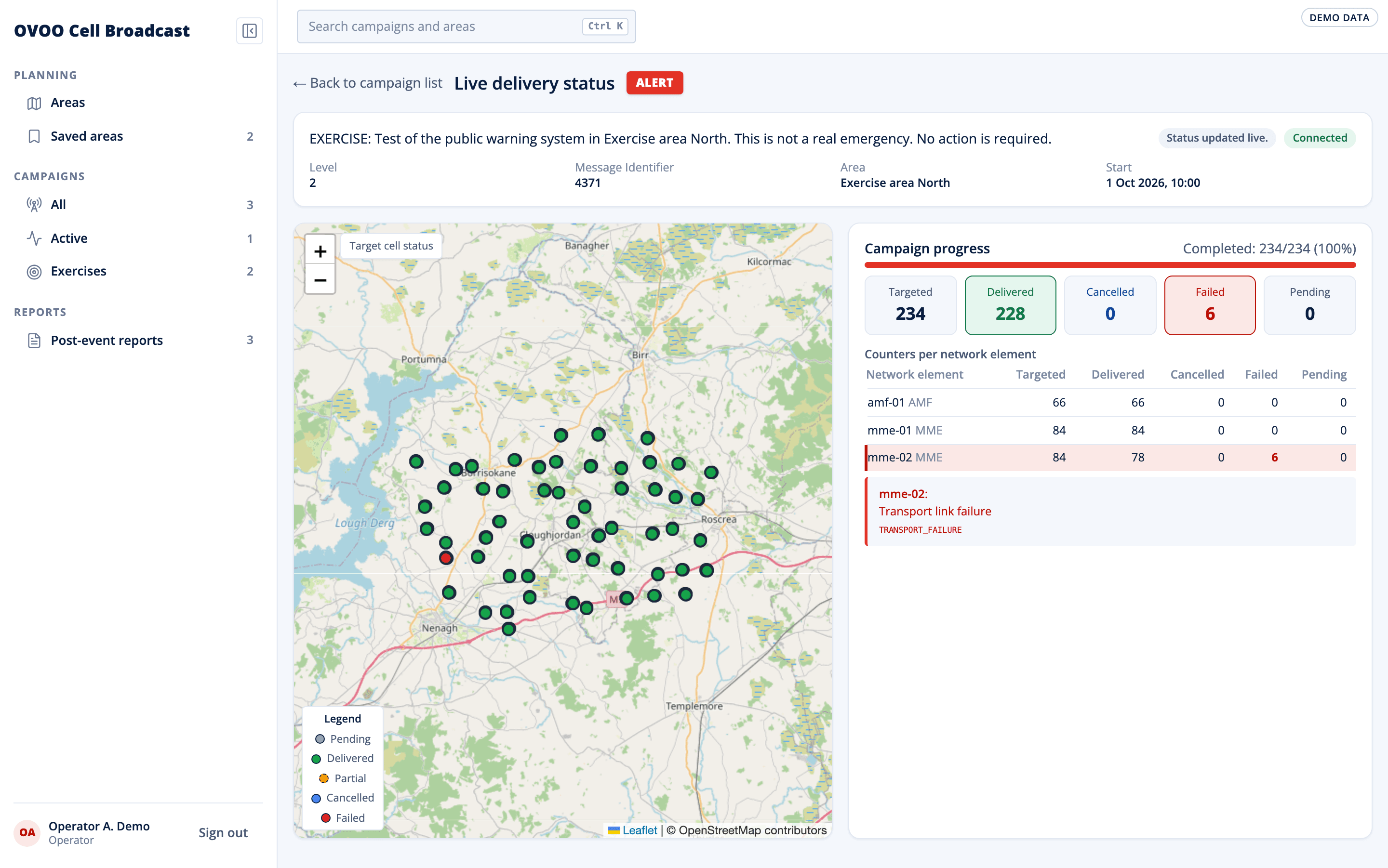 Live delivery map of a Cell Broadcast campaign in the OVOO web console with counters of completed and failed cells for MME and AMF network elements